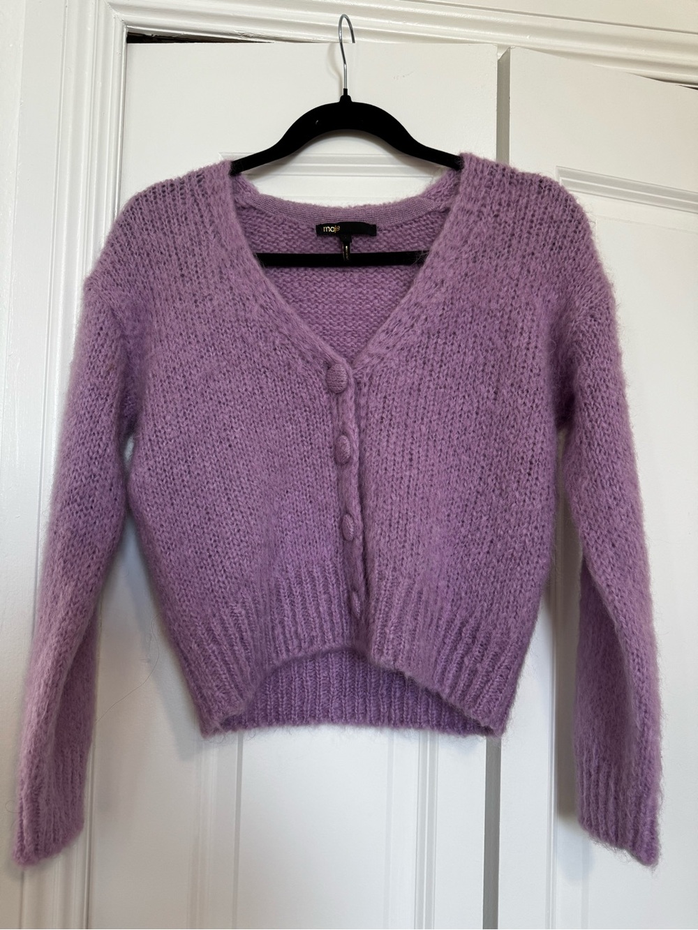 Maje Lilac V-Neck Fuzzy Button Cardigan